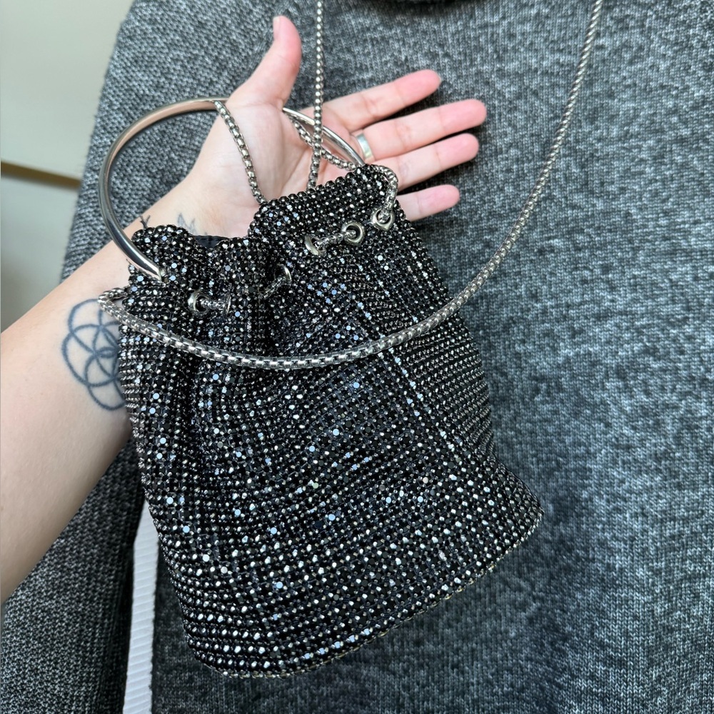 Black Rhinestone Mini Bucket Bag Beaded Purse Silver Hardware Y2K Prada Vibes - Picture 2 of 2